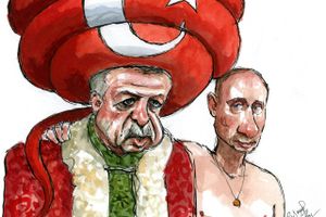 Putin og Erdogan har delt interesserne i Kaukasus mellem sig - og det spil er der ikke plads til områdets potentielle drømme om Vesten. Arkivtegning: Rasmus Sand Høyer.