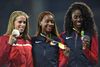 2016 Rio Olympics - Athletics - Victory Ceremony - Women's 400m Hurdles Victory Ceremony - Olympic Stadium - Rio de Janeiro, Brazil - 19/08/2016. Silver medalist Sara Slott Petersen (DEN) of Denmark, gold medalist Dalilah Muhammad (USA) of USA and bronze medalist Ashley Spencer (USA) of USA pose with their medals. REUTERS/Dylan Martinez FOR EDITORIAL USE ONLY. NOT FOR SALE FOR MARKETING OR ADVERTISING CAMPAIGNS.