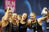 Holdkappen med Mie Ø. Nielsen, Rikke Møller Pedersen, Jeanette Ottesen og Pernille Blume sluttede legene af med fuld effekt ved at OL-bronze i 4 x 100 meter medley i den sidste finale med dansk deltagelse. Foto: Michael Sohn