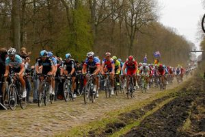 Arenbergskoven har været et fast indslag i de fleste udgaver af Paris-Roubaix. Her er det tilbage i 2012, hvor Tom Boonen (tv.) grundlagde en af sine fire sejre - flest gennem tiden sammen med Roger De Vlaeminck Foto: AP Photo/Michel Spingler