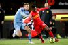 Randers FC's Mathias Greve i duel med FC Nordsjællands Kamaldeen Sulemana. FCN vandt 1-0. Foto: Jens Dresling