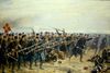 8. Brigades angreb ved Dybbøl 18. april 1864. Forrest går premierløjtnant C.F. Willerup med sablen i højre hånd og fremstrakt venstre arm. I baggrunden ses Als med Sønderborg, hvor tre huse er i brand. Kunstneren Vilhelm Rosenstand, der har malet billedet, var sekondløjtnant, men deltog ikke i kampen om Dybbøl. Foto: Kit Weiss, Det Nationalhistoriske Museum på Frederiksborg Slot.