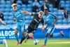 OB skal møde AC Horsens i semifinalen i Europa-playoff. Første kamp spilles torsdag. På billedet er OB’s Jeppe Tverskov i kamp med Randers FC’s Marvin Egho og Tosin Kehinde i de to klubbers første møde i Europa-playoff. Foto: Bo Amstrup/Ritzau Scanpix