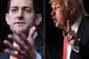 Paul Ryan (t.v.), formand for Repræsentanternes Hus, og præsidentkandidat Donald Trump. De to herrer har forsøgt at behandle hinanden ordentligt, men ikke længere. Dråben, der fik bægret til at flyde over, var offentliggørelsen af båndet, hvor Trump udtaler sig yderst nedsættende om kvinder. Arkivfoto: AP