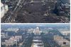 Et billede taget fra toppen af the Washington Monument viser, hvor mange tilskuere der var mødt frem ved Barack Obamas indsættelse som præsident i 2009 (øverst) og Donald Trumps indsættelse fredag (nederst). Begge billeder blev taget lige omkring kl. 12 lokal tid. AP Photo