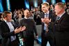 Anders Samuelsen (LA), Søren Pape Poulsen (K), Kristian Thulesen Dahl (DF) og Lars Løkke Rasmussen (V) i højt humør ved Venstres Landsmøde i Herning i oktober sidste år. Nu får et forslag om asylstramninger uenigheden i blå blok frem. Arkivfoto: Astrid Dalum