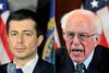 Den tidligere borgmester fra South Bend, Indiana, Pete Buttigieg, og senator fra Vermont Bernie Sanders klarede sig bedst i Demokraternes første primærvalg i Iowa. Det kunne mærkes, da de demokratiske præsidentkandidater natten til lørdag dansk tid tørnede sammen ved en ny tv-debat. Foto: Joseph Prezioso/AFP