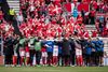Det danske hold før kampen starter op igen efter uheldet med Christian Eriksen. EM landskampen mellem Danmark-Finland i Parken, København lørdag den 12. juni 2021. (Foto: Liselotte Sabroe/Scanpix 2021)