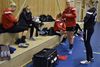 Som anfører er Stine Jørgensen (nummer to fra højre) er opmærksom på at lodde stemningen i truppen. Foto: Lars Poulsen/Polfoto