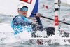 Anne-Marie Rindom fører OL-konkurrencen i vandet 60 kilometer syd for Tokyo, inden de sidste fire sejladser og en mulig medaljesejlads. - Foto: Cj Gunther/Ritzau Scanpix