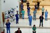 Ansatte på hospitaler i Storbritannien mindedes tirsdag middag med et minuts stilhed læger, sygeplejersker og andre vigtige medarbejdere, der er døde af Covid-19 under coronakrisen. På billedet ses medarbejdere fra hospitalet Mater Infirmorum i Belfast i Nordirland. - Foto: Jason Cairnduff/Reuters