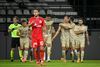 AGF's Patrick Olsen på et bagtæppe af jublende slovenske spillere. AGF blev sparket ud af Europa League af NS Mura, der vandt 3-0. Foto: Jure Makovec