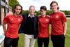 U21 træner Jess Thorup med 3 af de udtagne spillere : Youssef Poulsen, Chr. Nørgaard og Jannik Vestergaard.